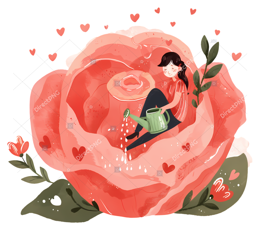 Watering Flower Woman watering pink rose surrounded by hearts
