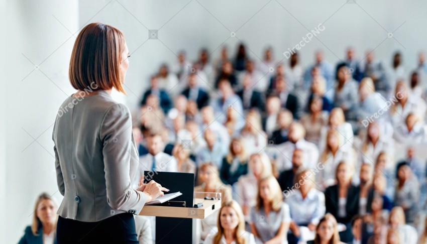 Female speaker giving a talk on corporate business conference