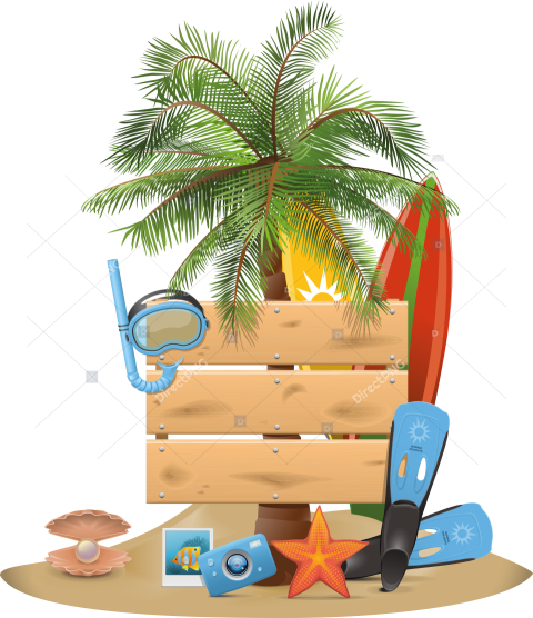Palm Tree with Tropical Beach Items PNG Transparent