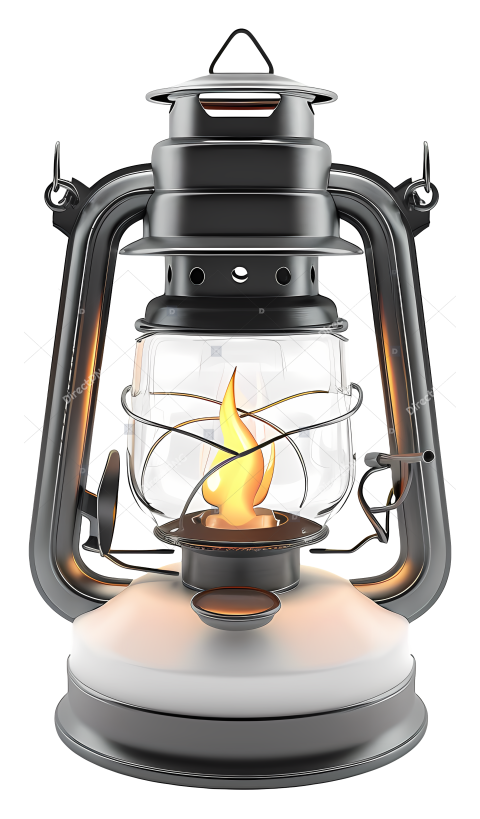 Camping Lantern Black kerosene lantern on wooden stand lit
