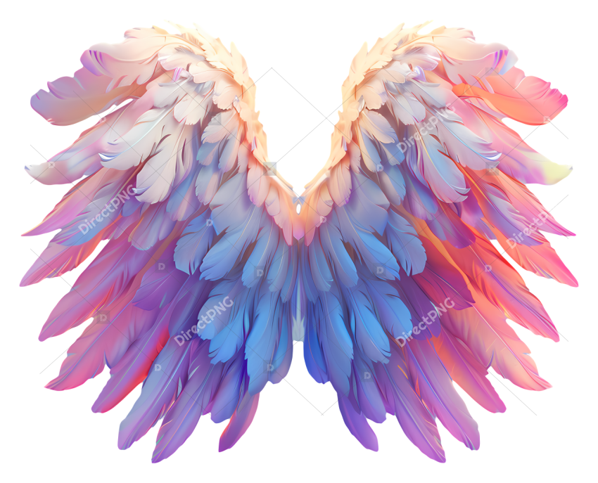 Angel Wings Close up of angel wings blue upper, pink lower, curled feathers, glowing, in motion, celestial