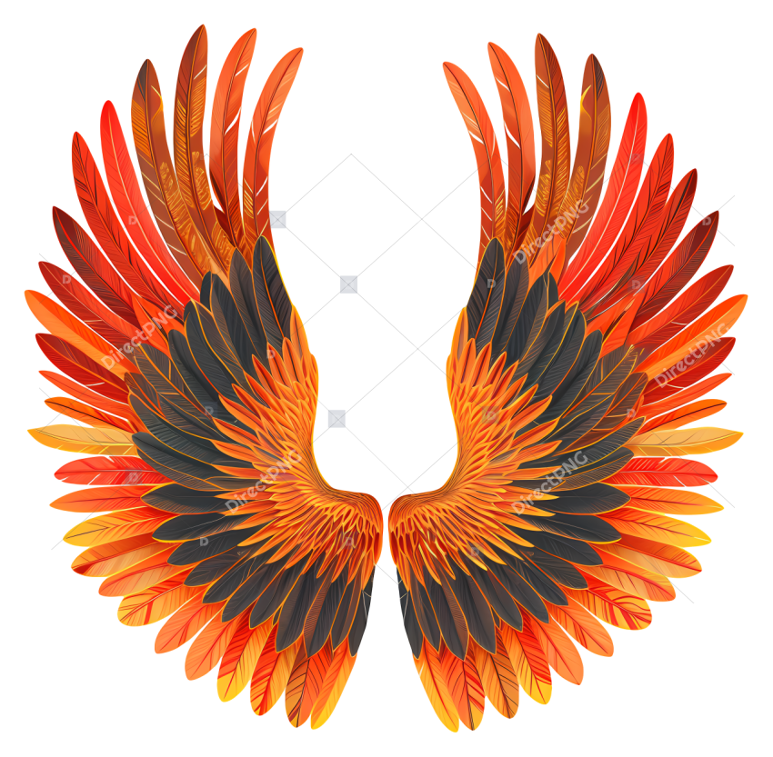 Fire Wings Large, spread wings with orange and black feathers