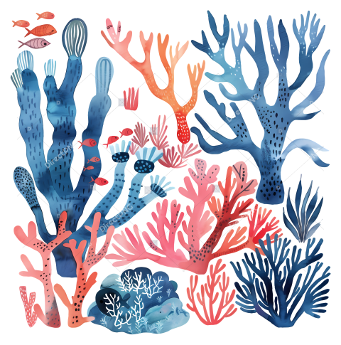 Coral Reef Colorful ocean animals in watercolor style Serene