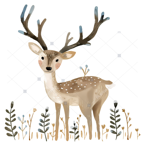 Cartoon Deer Deer with antlers wearing leaves in wild