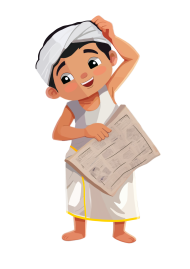Cute illustration of traditional, south indian, tamil, hindu boy or man wearing dhoti, reading, newspaper, thoughtful